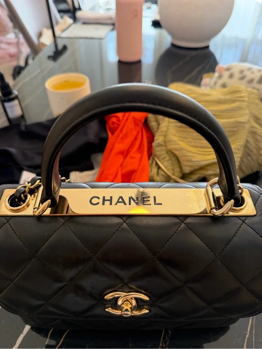 CHANEL CC LAMB SKIN  Black Quilted Top Handle Satchel with Gold CC Hardware